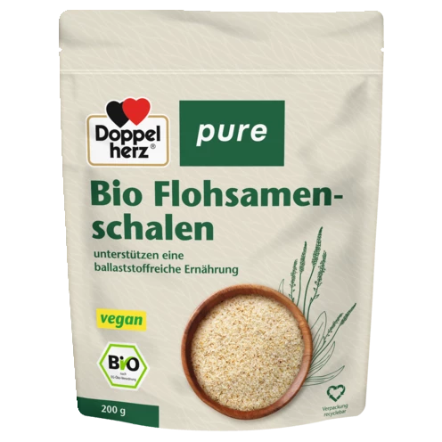 Abbildung der Produktverpackung Doppelherz pure Bio Flohsamenschalen Frontansicht